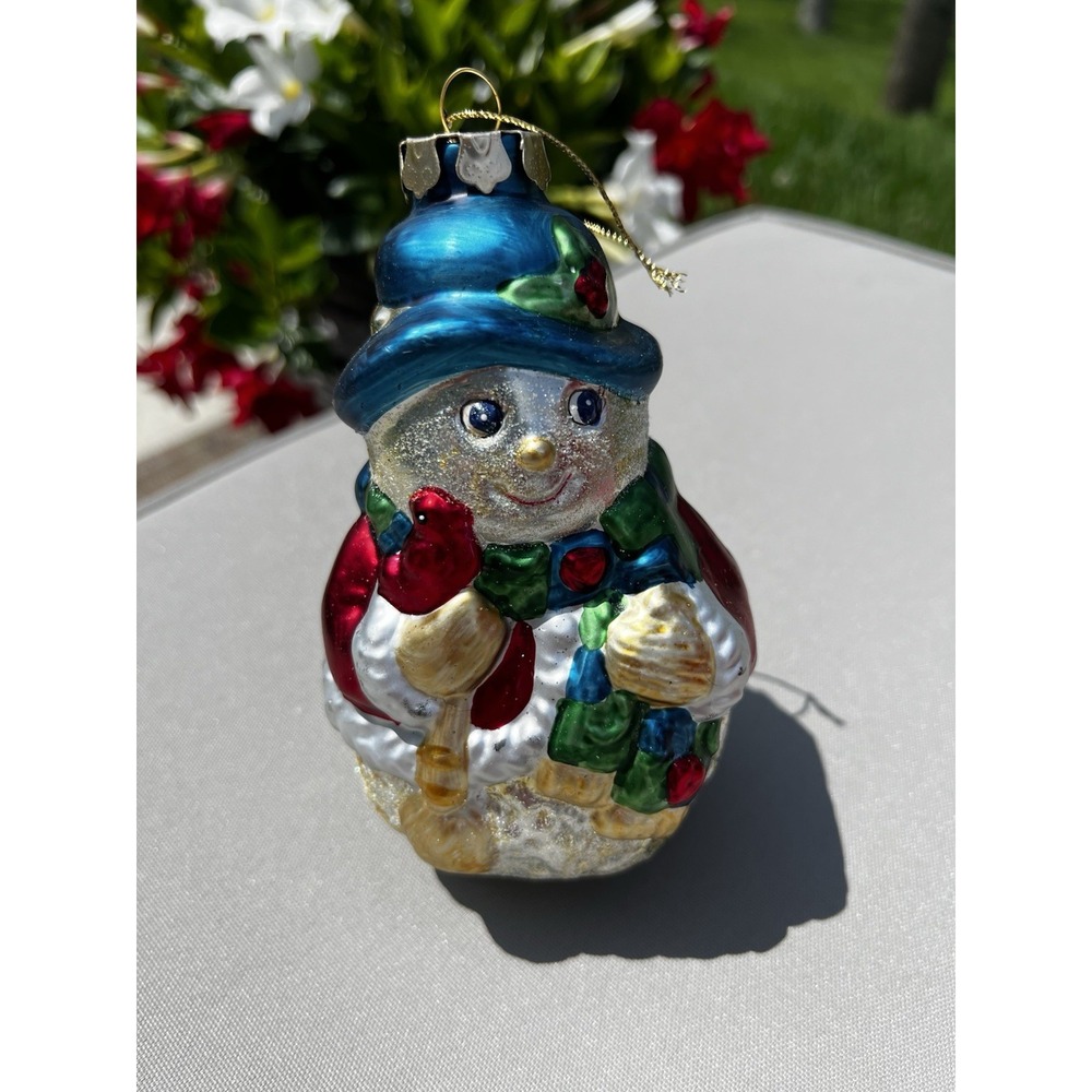 Christmas‎ Street Snowman Glass Ornament Hand Painted European Style Boxed Vtg